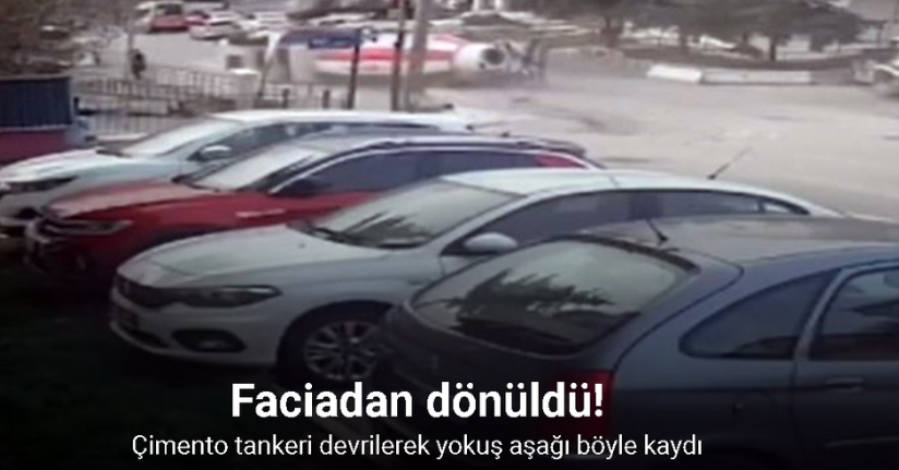 Ankara’da çimento tankerinin devrilerek yokuş aşağı kaydığı anlar kamerada