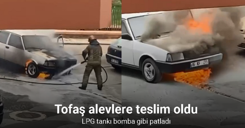 Tofaş otomobil alevlere teslim oldu, LPG tankı bomba gibi patladı