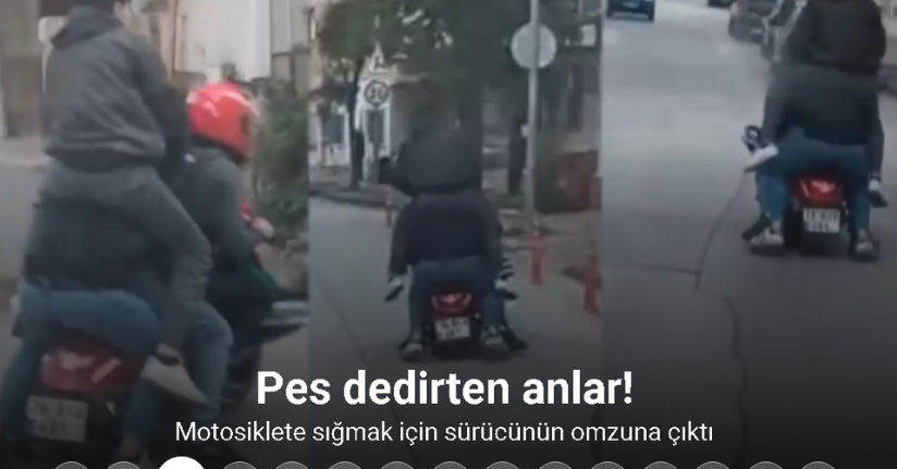 Motosiklete sığmak için sürücünün omzuna çıktı