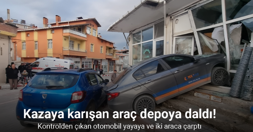 Kontrolden çıkan otomobil yayaya ve iki araca çarptı: Kazaya karışan araç depoya daldı