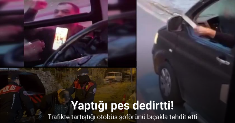 Trafikte tartıştığı belediye otobüsü şoförünü bıçakla tehdit etti: O anlar kamerada