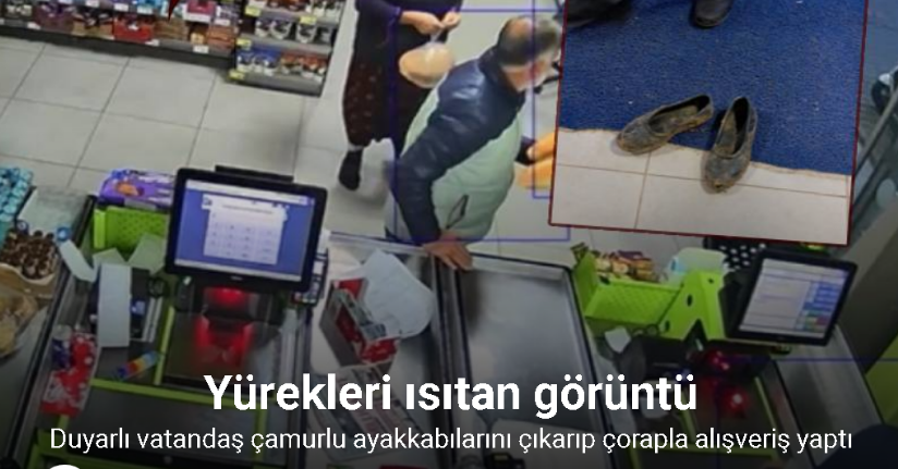 Çamurlu ayakkabılarını çıkarıp çorapla alışveriş yaptı