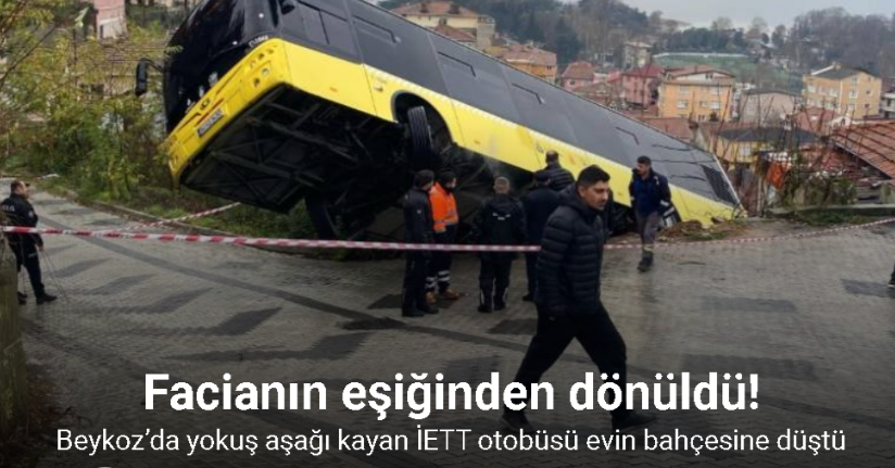 Beykoz’da yokuş aşağı kayan İETT otobüsü evin bahçesine düştü