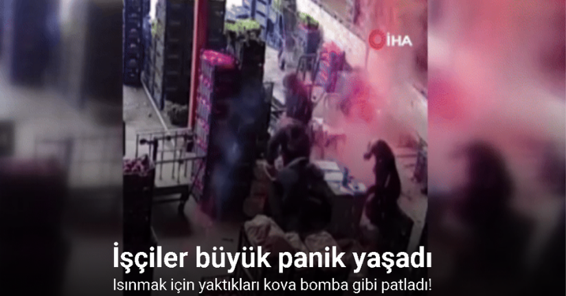 Isınmak için yaktıkları kova bomba gibi patladı, korku dolu anlar güvenlik kamerasına yansıdı