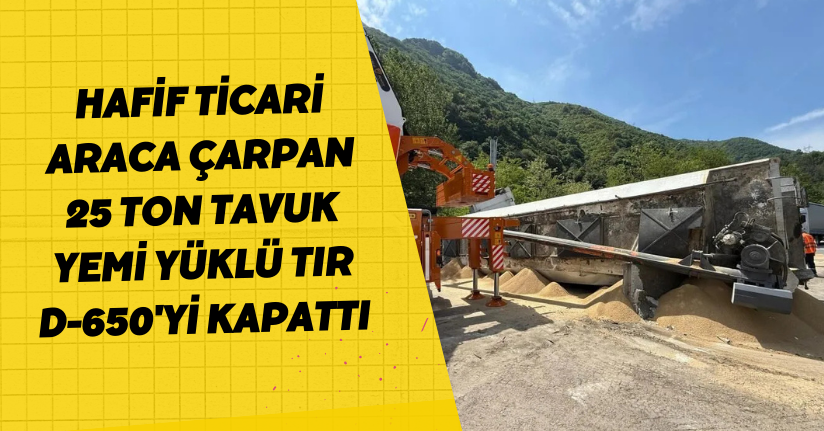 Hafif ticari araca çarpan 25 ton tavuk yemi yüklü tır D-650'yi kapattı