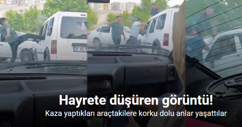 Hayrete düşüren görüntü: Kaza yaptıkları araçtakilere korku dolu anlar yaşattılar