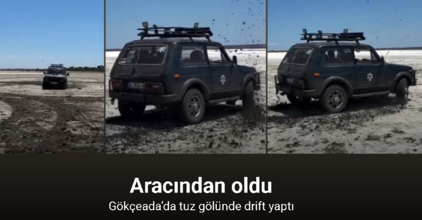 Gökçeada’da tuz gölünde arazi aracıyla drift yaptı