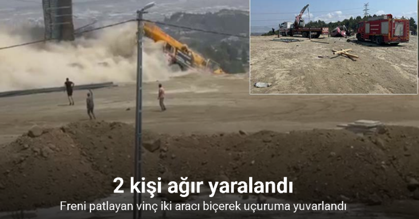 Freni patlayan vinç iki aracı biçerek uçuruma yuvarlandı: 2 ağır yaralı