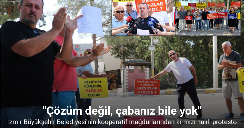 İzmir Büyükşehir Belediyesi’nin kooperatif mağdurlarından kırmızı halılı protesto