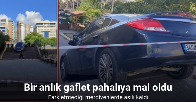 Küçükçekmece’de sürücü fark etmediği merdivenlerde asılı kaldı