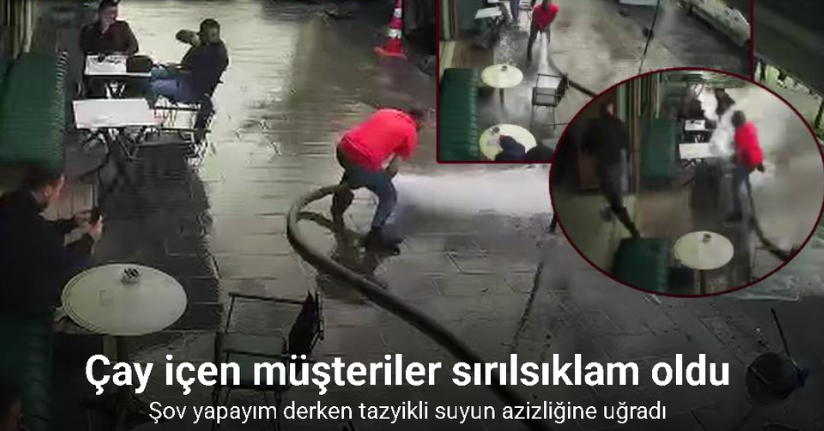 Bayrampaşa’da bir esnaf şov yapayım derken tazyikli suyun azizliğine uğradı