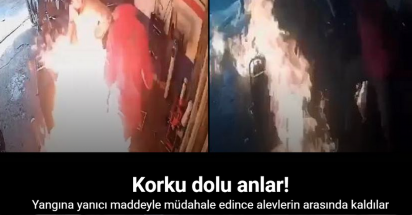 Motosikletteki yangına yanıcı maddeyle müdahale edince alevlerin arasında kaldılar: