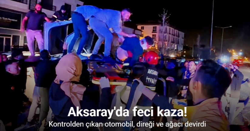 Kontrolden çıkan otomobil, direği ve ağacı devirdi: 2 kişi yaralandı, kurtarma anları kamerada