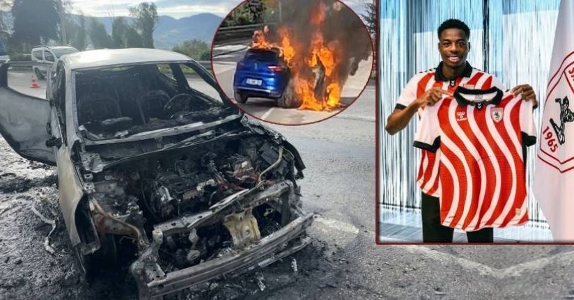 Samsunsporlu Musaba’nın otomobili alev alev yandı, futbolcu yara almadan kurtuldu