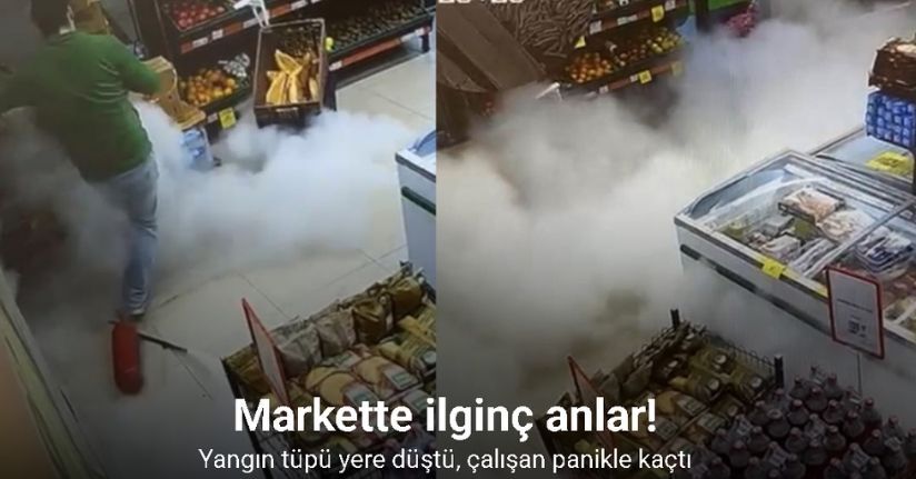 Markette ilginç anlar: Yangın tüpü yere düştü, çalışan panikle kaçtı