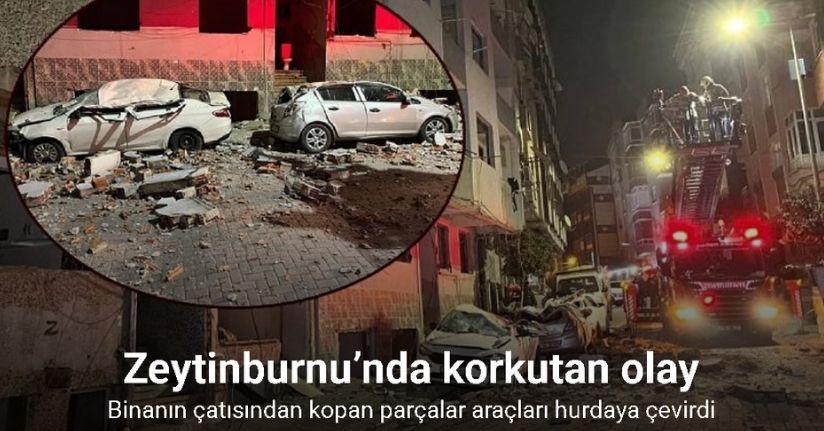 Zeytinburnu’nda binanın çatısından kopan parçalar araçları hurdaya çevirdi
