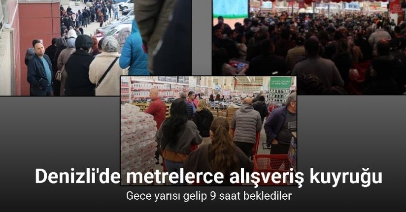 Denizli’de zincir marketin indirimli açılışı geceden sabaha kuyruk oluşturdu