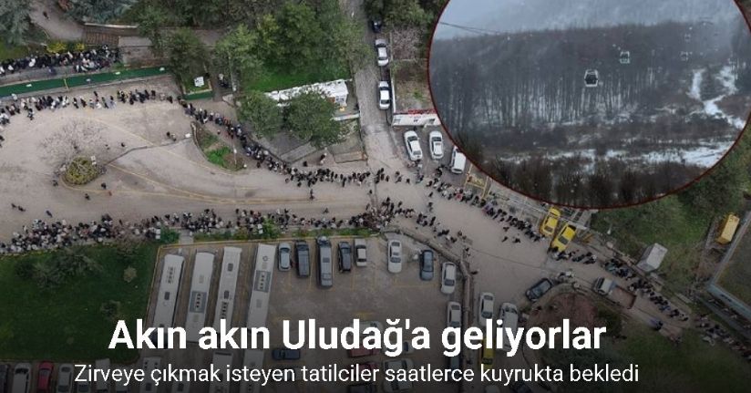 Akın akın Uludağ'a geliyorlar, yüzlerce metre teleferik kuyruğu havadan görüntülendi