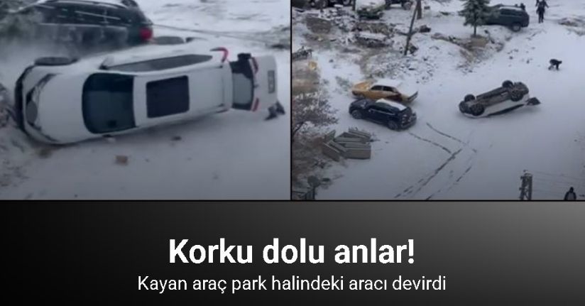 Kayan araç park halindeki aracı devirdi: O anlar kamerada
