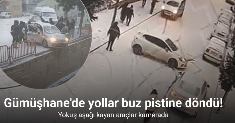 Gümüşhane’de buzlu yolda yokuş aşağı kayan araçlar kamerada