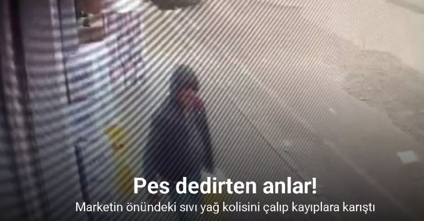 Marketin önündeki sıvı yağ kolisini çalan şahsın o anları kamerada