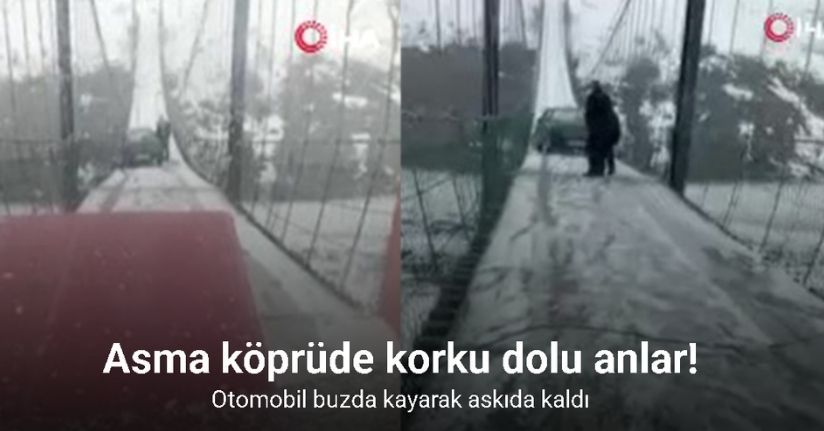 Kars’ta asma köprüde korku dolu anlar: Otomobil buzda kayarak askıda kaldı