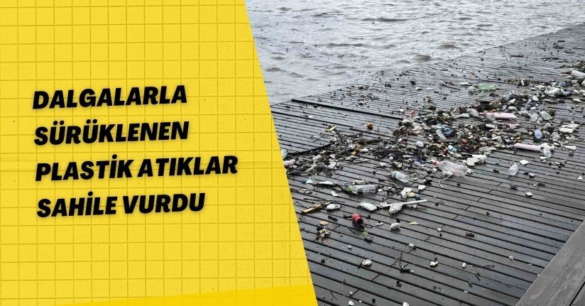 Dalgalarla sürüklenen plastik atıklar sahile vurdu