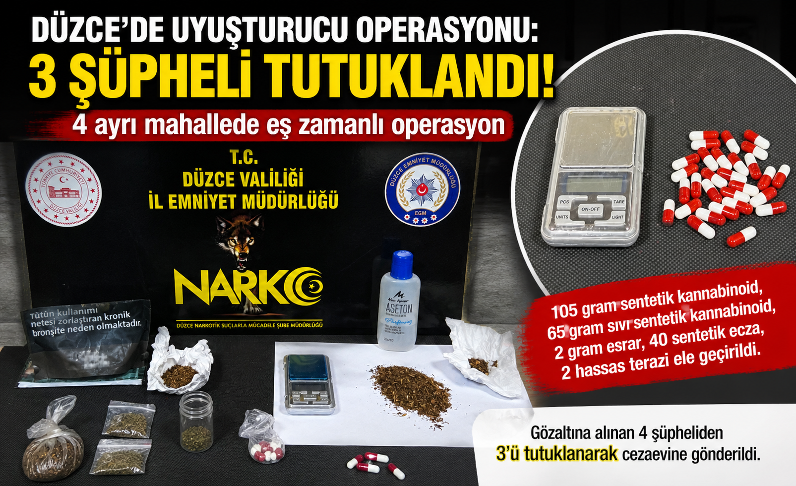 Düzce'de Uyuşturucu Operasyonunda 3 Tutuklama