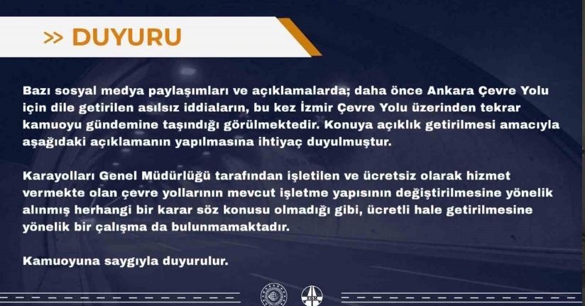 İzmir Çevre Yolu’nun ücretli hale getirileceği iddialarına yalanlama