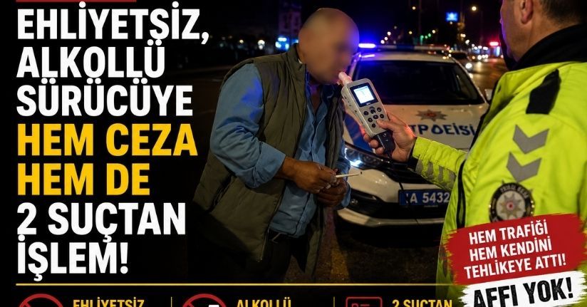 Ehliyetsiz, alkollü sürücüye hem ceza hem de 2 suçtan işlem