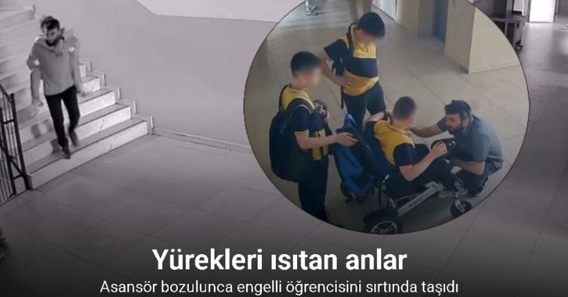 Asansör bozulunca engelli öğrencisini sırtında taşıdı