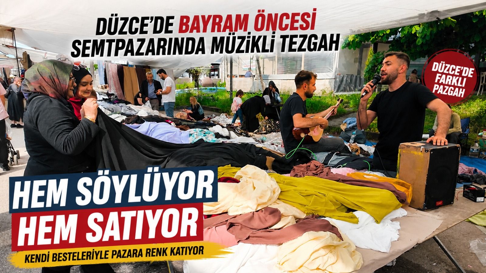 Semt pazarında kendi bestelerini seslendirip satış yapıyor