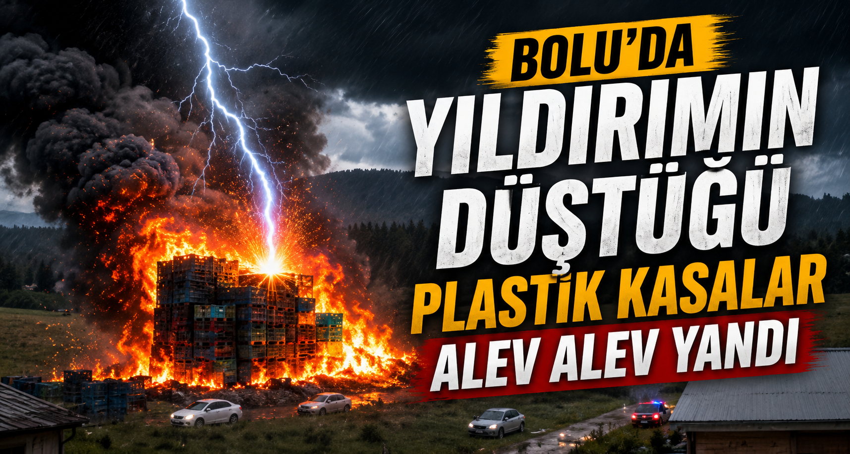 Bolu’da yıldırımın düştüğü plastik kasalar alev alev yandı