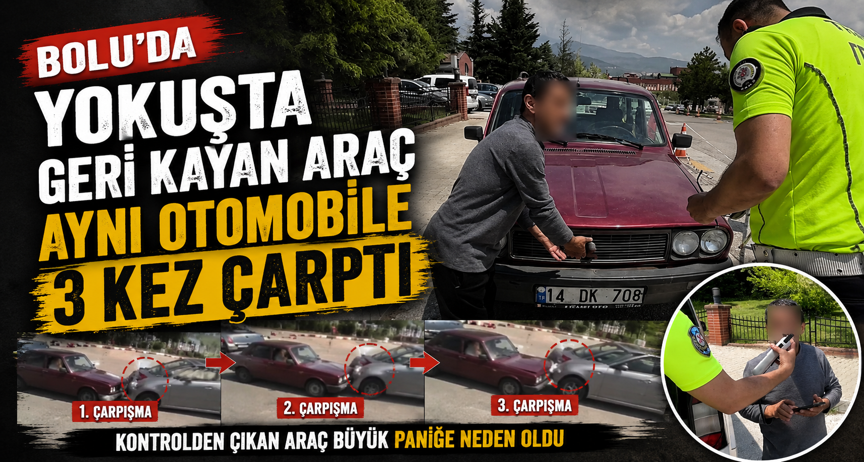 Bolu'da yokuşta geri kayan araç aynı otomobile 3 kez çarptı