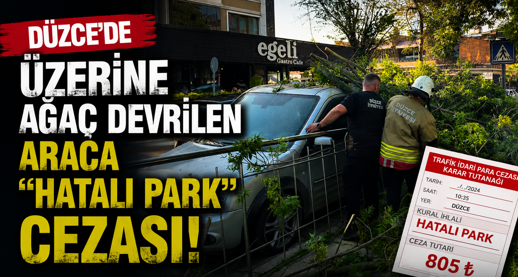 Düzce'de Üzerine Ağaç Devrilen Araca 