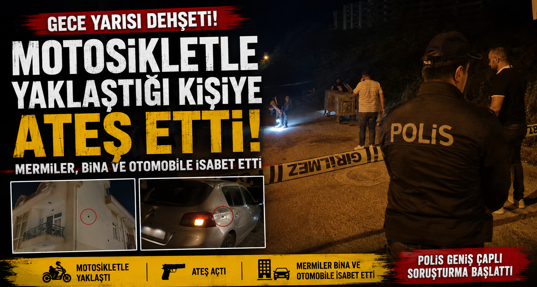 Motosikletle yaklaştığı kişiye ateş etti, mermiler bina ve otomobile isabet etti