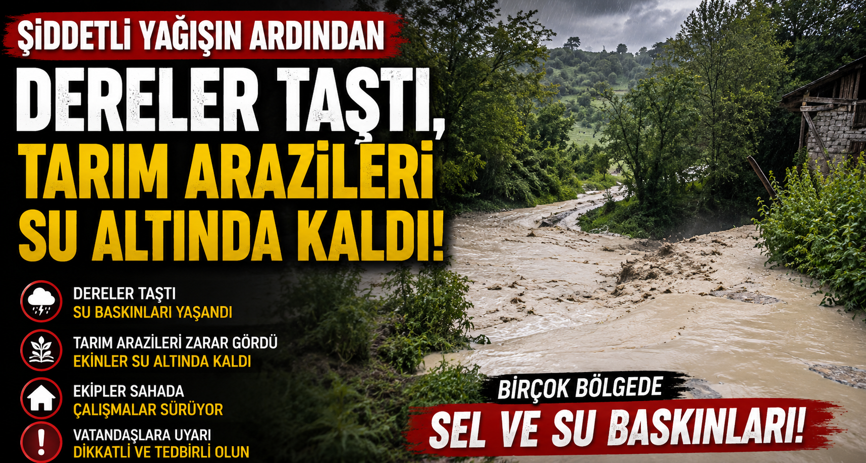 Şiddetli yağışın ardından dereler taştı, tarım arazileri su altında kaldı