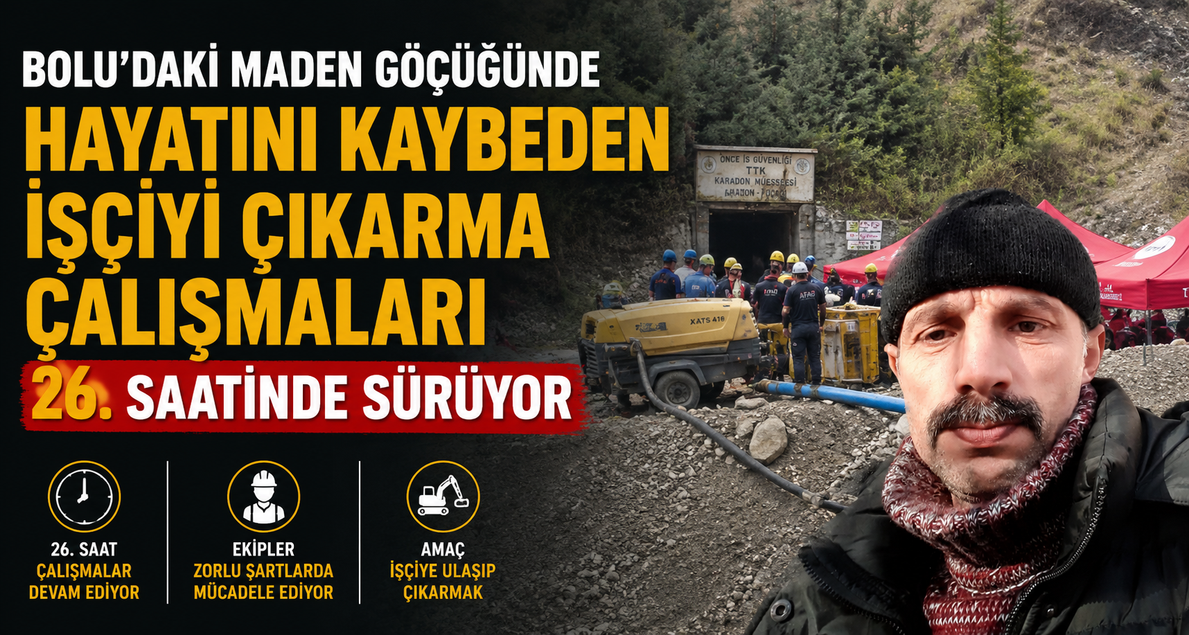 Bolu’daki maden göçüğünde hayatını kaybeden işçiyi çıkarma çalışmaları 26. saatinde sürüyor
