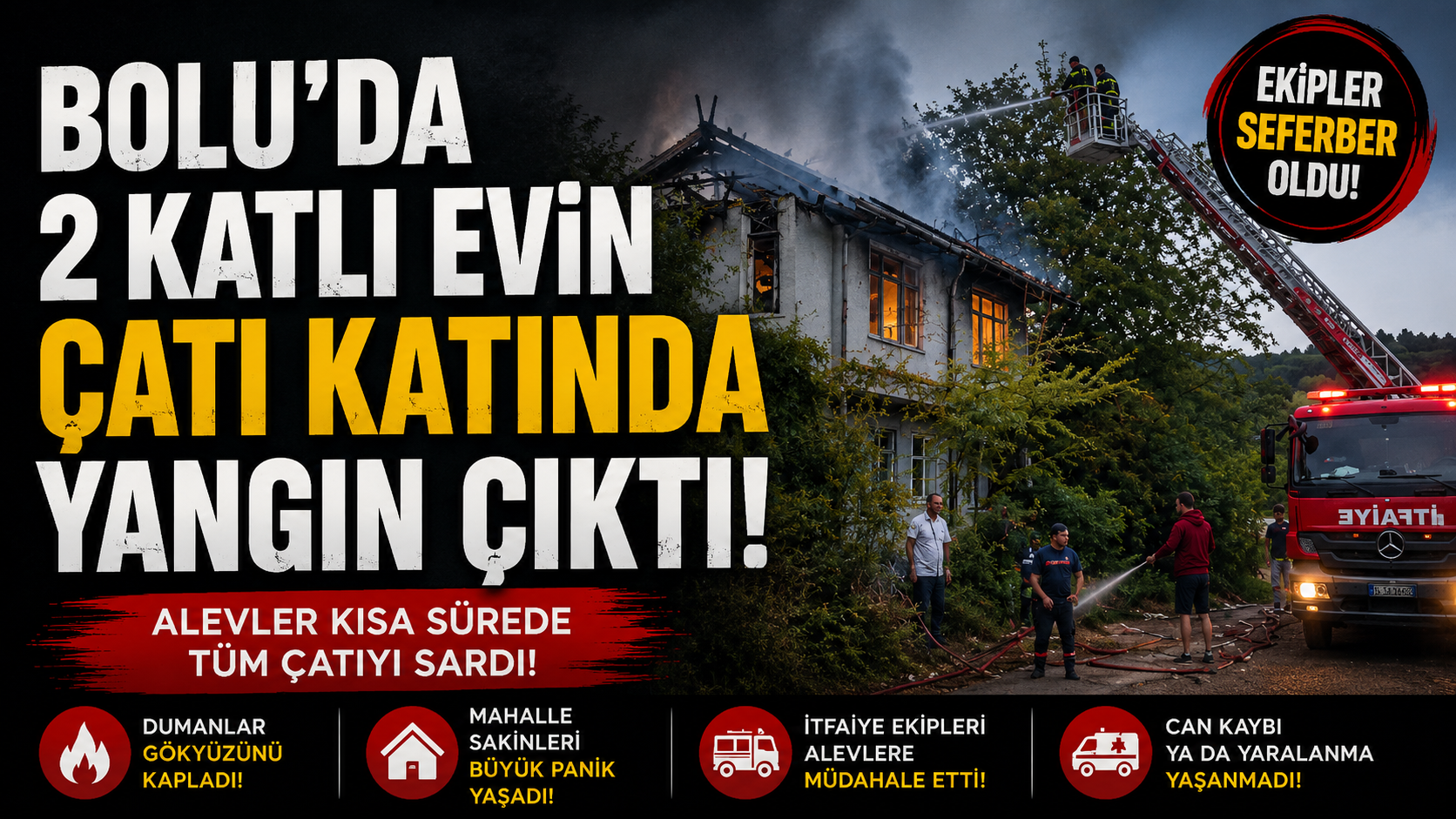 Bolu’da 2 katlı evin çatı katında yangın çıktı