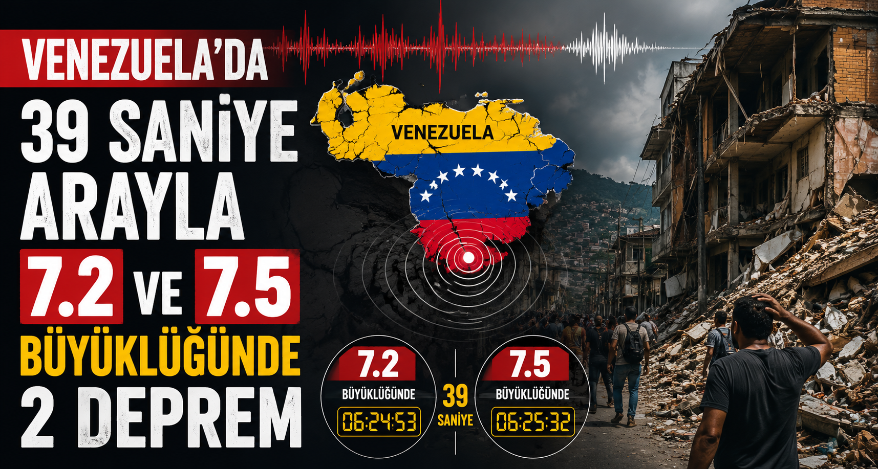 Venezuela'da 39 saniye arayla 7.2 ve 7.5 büyüklüğünde 2 deprem