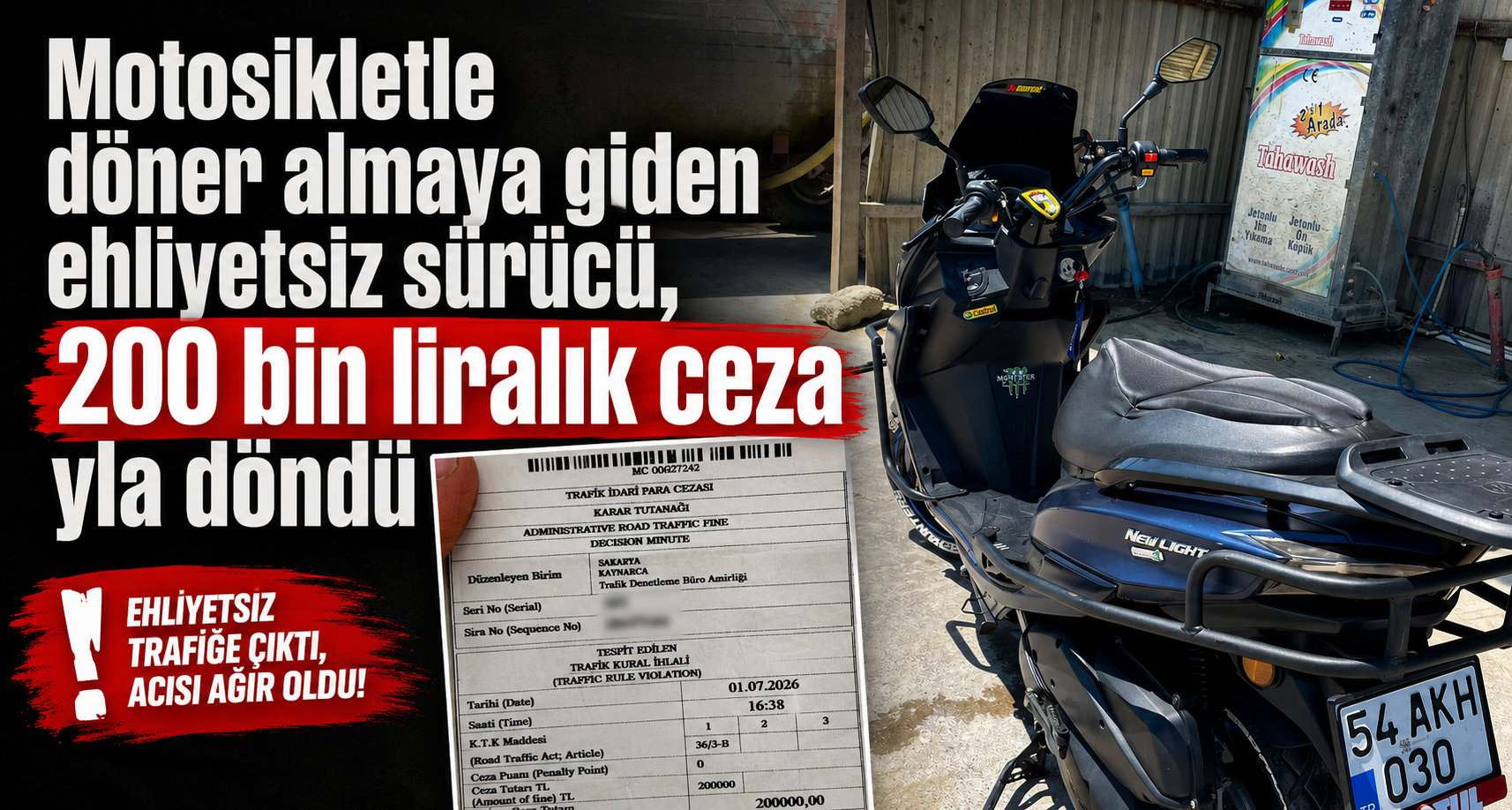 Motosikletle döner almaya giden ehliyetsiz sürücü, 200 bin liralık cezayla döndü