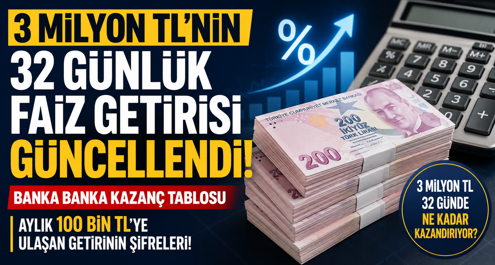 3 Milyon TL'nin 32 Günlük Faiz Getirisi Güncellendi