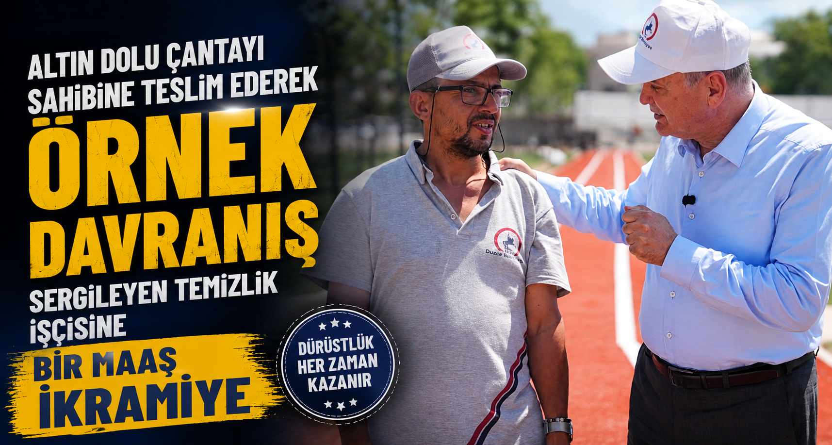 Altın dolu çantayı sahibine teslim ederek örnek davranış sergileyen temizlik işçisine bir maaş ikramiye