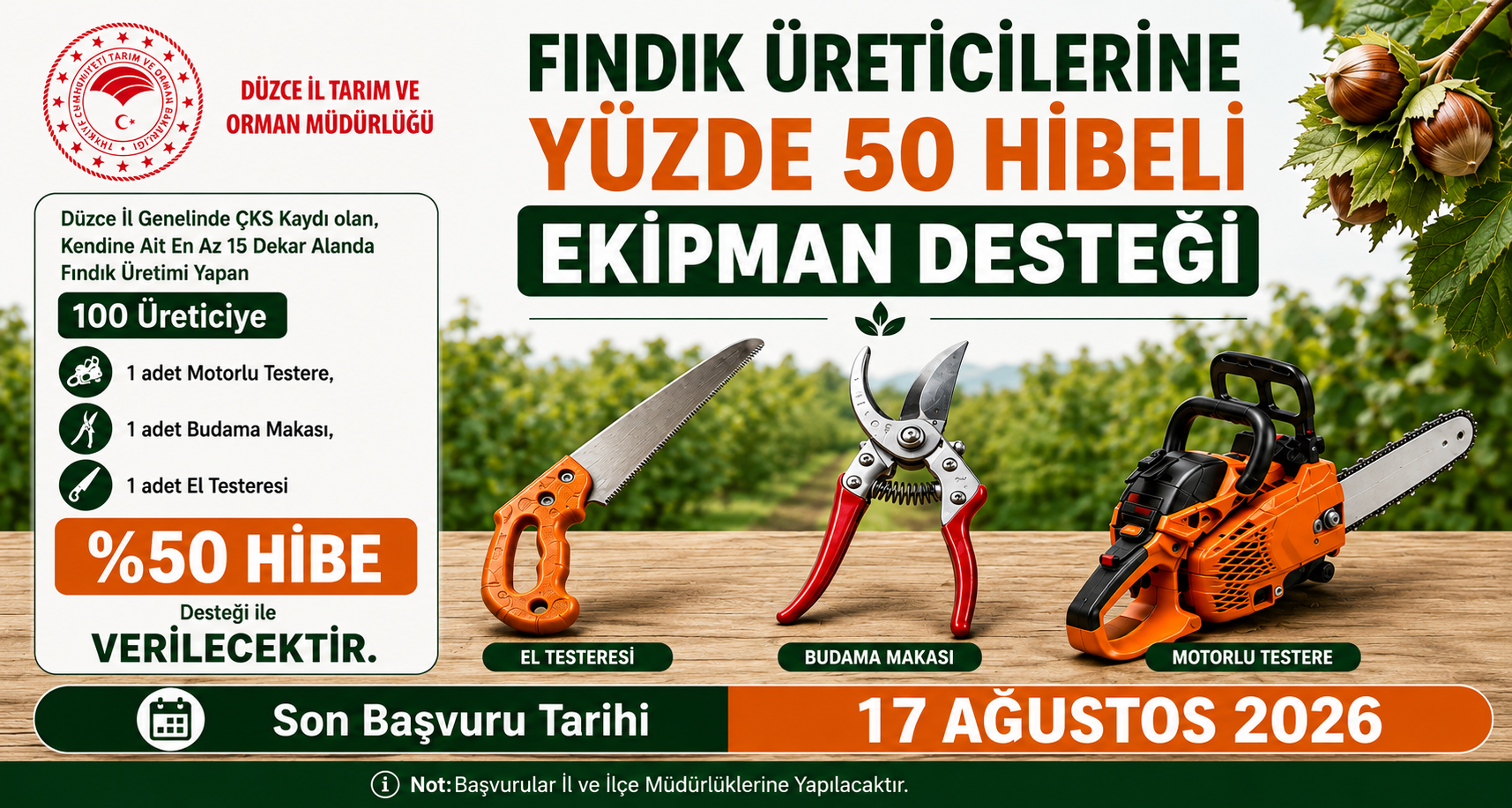 Fındık Üreticilerine Yüzde 50 Hibeli Ekipman Desteği