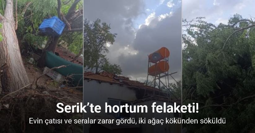 Serik’te sağanak ve hortum evin çatısına zarar verdi, iki ağacı kökünden söktü