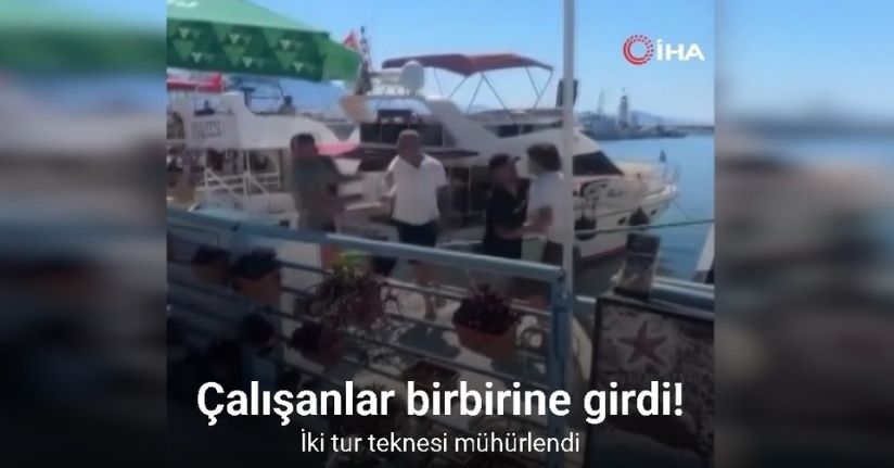 Tur teknesi çalışanlarının birbirine girdiği kavga anı görüntülendi