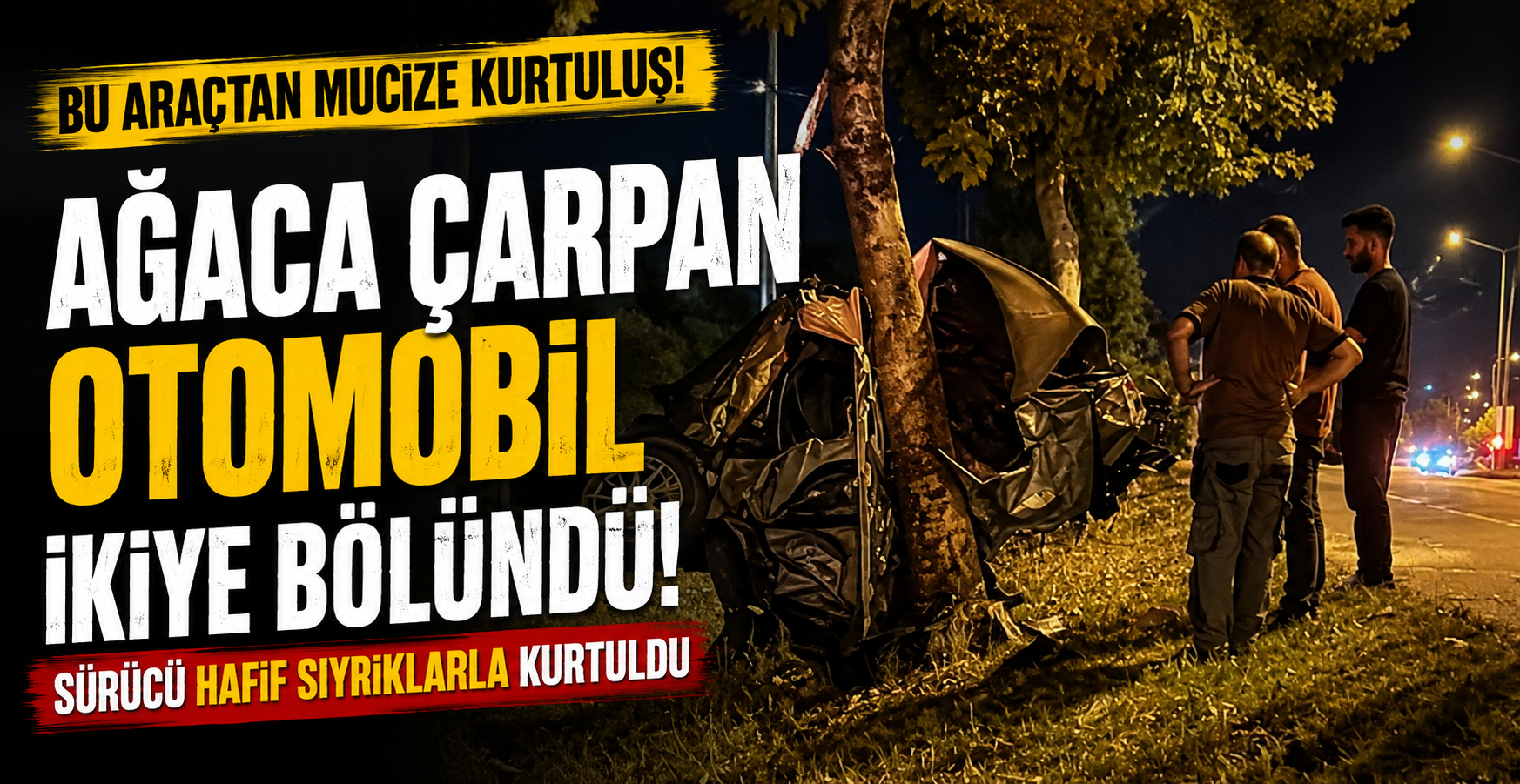 Ağaca çarpan otomobil ikiye bölündü, sürücü hafif sıyrıklarla kurtuldu