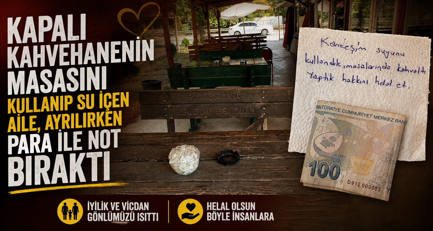İKapalı kahvehanenin masasını kullanıp su içen aile, ayrılırken para ile not bıraktı