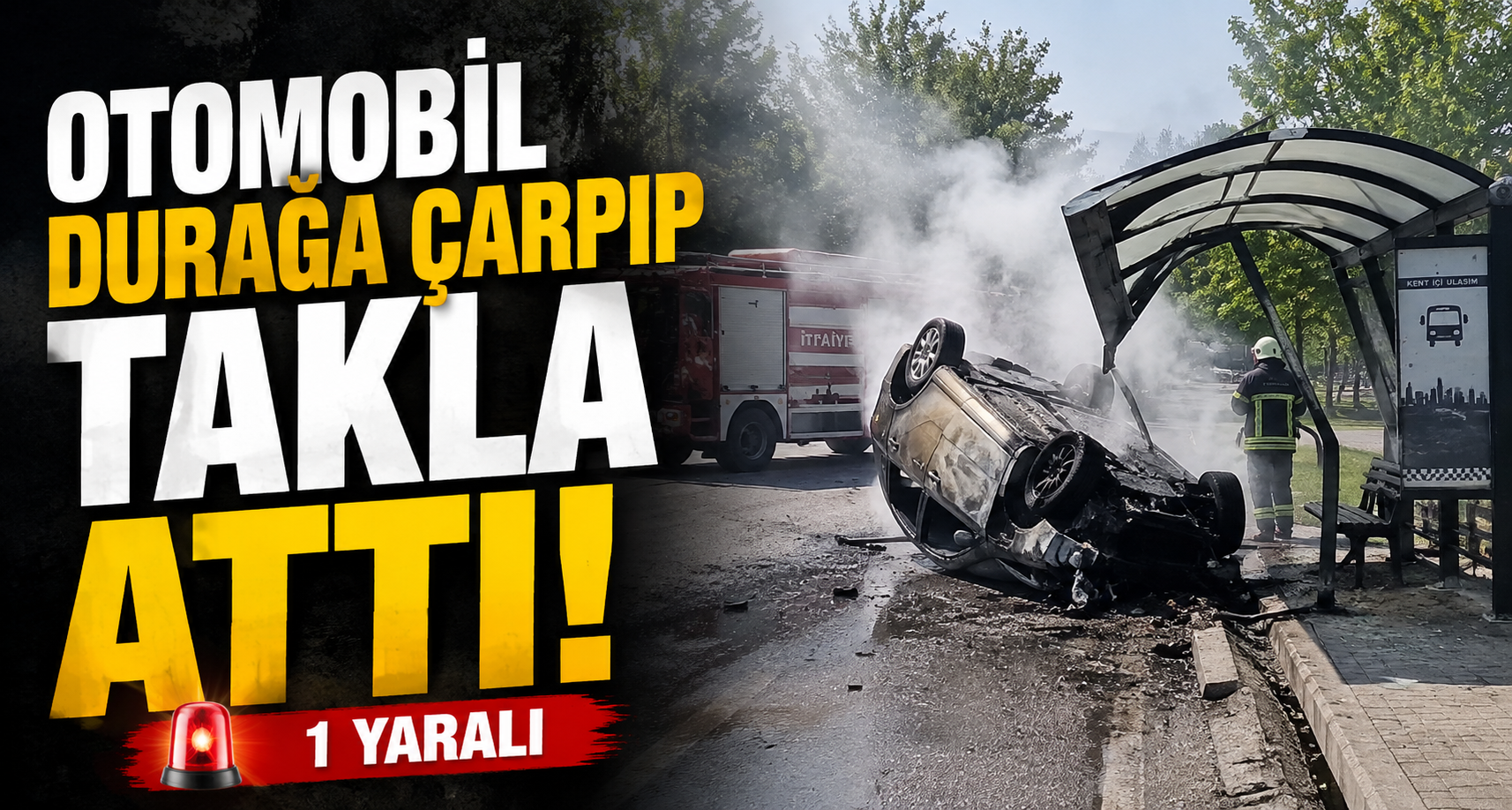 Otomobil durağa çarpıp takla attı