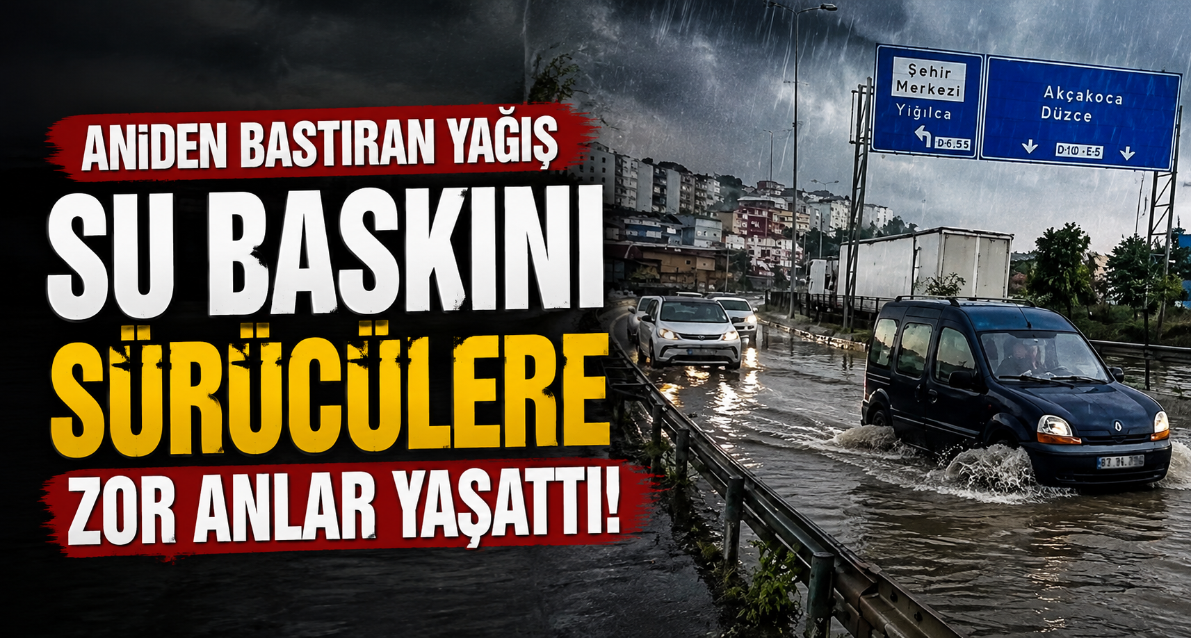 Aniden bastıran yağışın ardından su baskını sürücülere zor anlar yaşattı